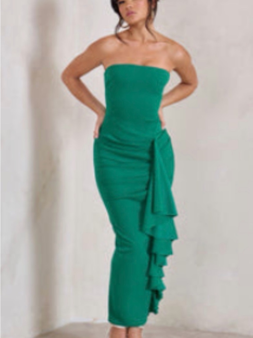 Strapless Emerald Ruffle Column Dress